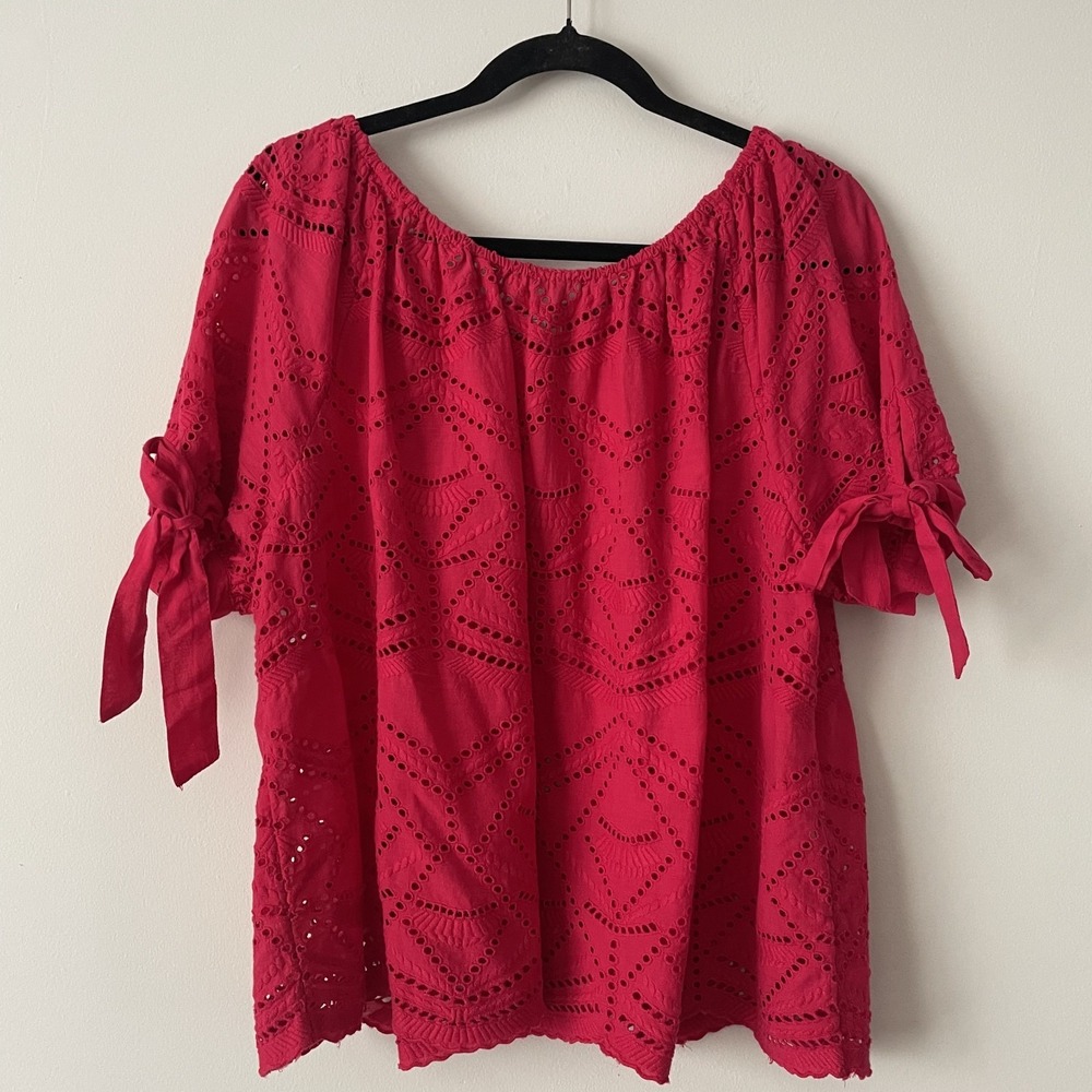 Sundance Eyelet Cotton Tie Sleeve Top Hot Pink L Petite Boho Preppy Scallop Hem‎